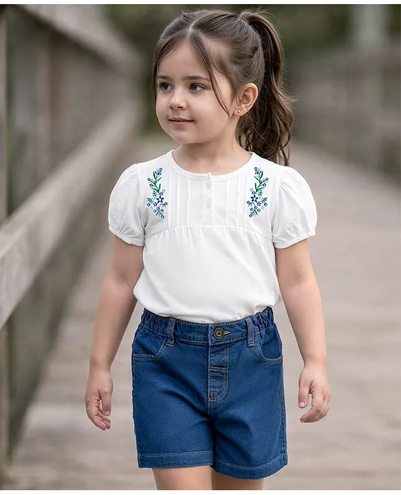 Single Jersey Knit Half Sleeves Top & Denim Shorts Set with Floral Embroidery - White & Blue